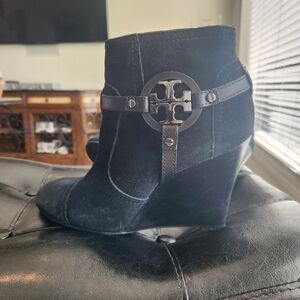 Tory Burch black suede wedge booties, size 8.5
